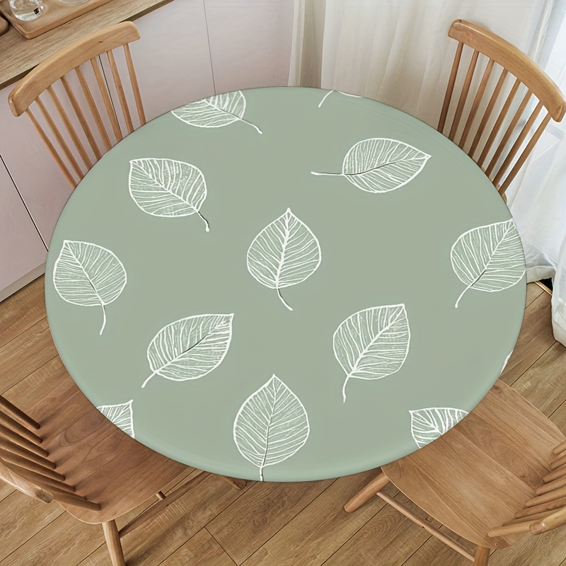 TEMU 1pc Round Tablecloth, Elastic Stretch Band Table Cover, Light Green Leaf Print Summer Tablecloth, Suitable For Outdoor Picnics, Camping, And