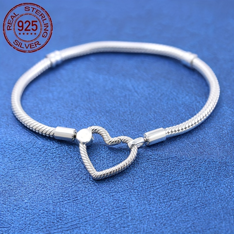 

1pc Vintage Elegant 925 Sterling Silver Heart Charm Bracelet, Snake Chain Design, Fits Beads & Pendants, Women' Jewelry For Daily & Wedding , Valentine's Day Gift, Accessory