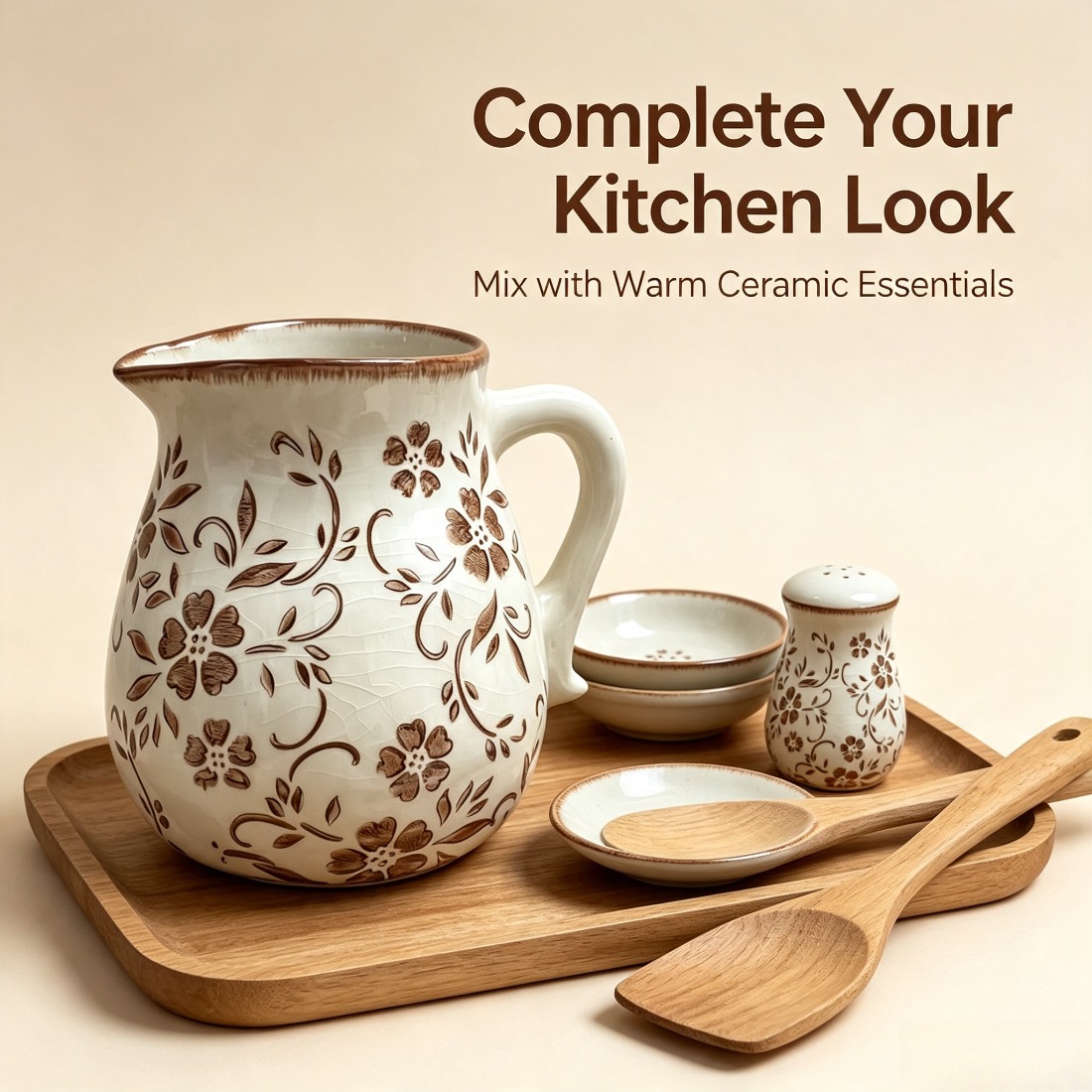 TEMU Vintage Ceramic Kitchen Utensil Storage Jar With Floral Distressed-edge Countertop Utensil Holder, A Large-capacity Cooking Tool Storage