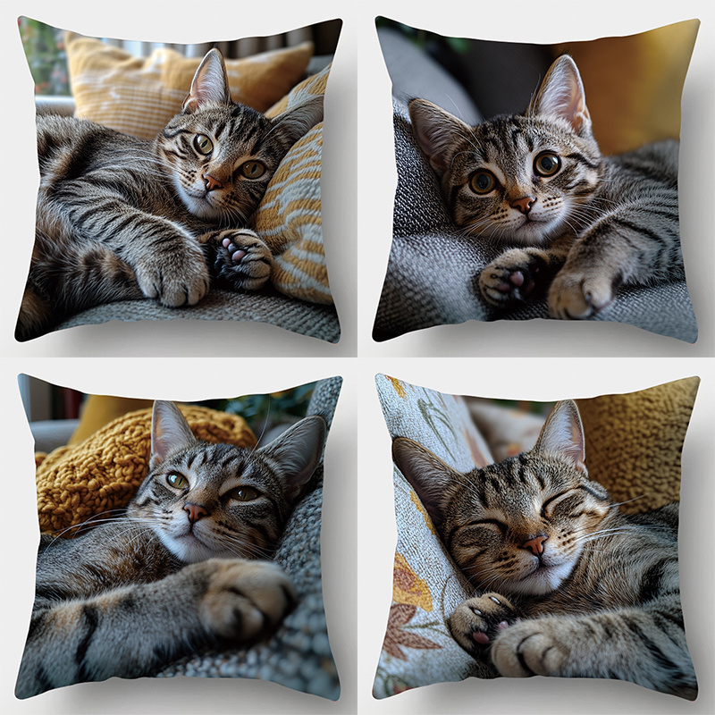 

4pcs Pillowcases Have A Cute Theme, With A Gray Striped Cat Pattern On Each Pillow Cover. Pillowcase Suitable For Home And Sofa Decoration, Size 17.7 * 17.7. Excluding Pillow