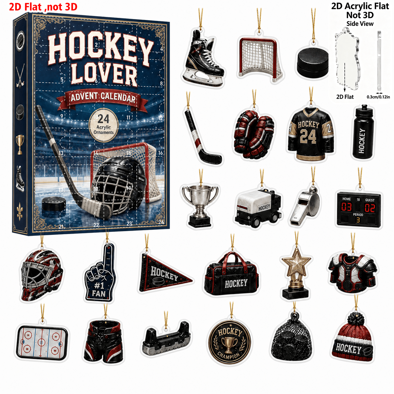 TEMU Boîte cadeau de Noël 24 pièces sur le thème du hockey sur glace sportif, 2D plat, 2D plat, 2D plat, compteur de Noël de 24 jours, pendentifs