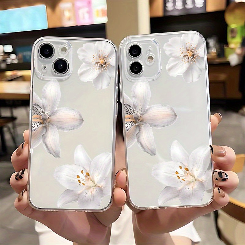 Transparent White Flowers Pattern UV Printing Phone Case for iPhone 16/ 16Plus/ 16Pro/ 16ProMax 13/ 13Pro/ 13ProMax 12/ 12Pro/ 12ProMax 11/ 11Pro/ 11Pro Max 7/ 8 X/ xs