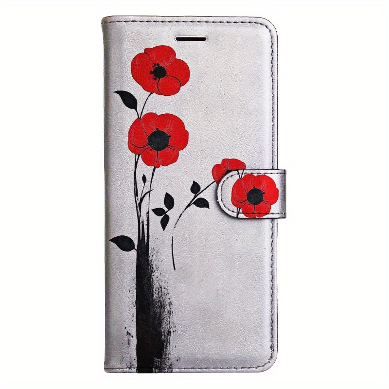 TEMU Phone Case - Poppy Flower Flip Wallet Case For For Models Including S8, S9, S10, A30s, A50s, Note 10, 20, And
