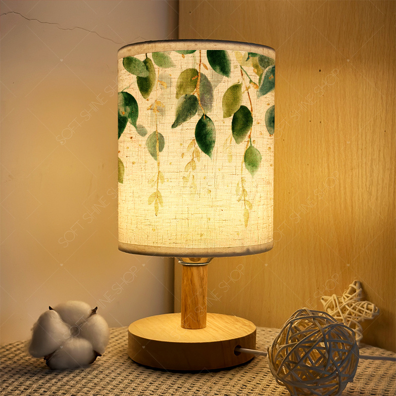 TEMU 1pc Usb Powered Print Table Lamp With Fabric Shade, Watercolor Greenery Design, Cozy Desk Lamp For Office, Bedroom, Living Room, Dormitory,