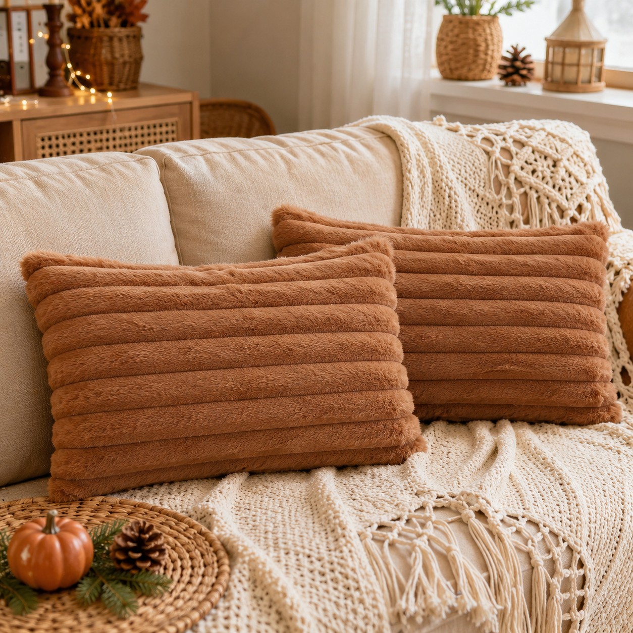 TEMU 2pcs Bohemian Style Decorative Plush Bedding Pillowcase, Halloween Party Decoration, Autumn And Home Decor Cushion Cover, Suitable For Living