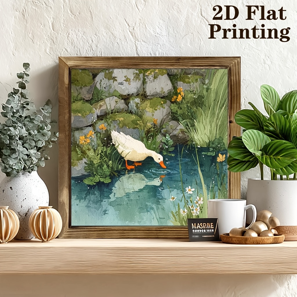 TEMU 2d Flat, 1pc Modern Minimalist Pond-side Duck Art Wall Decor Picture Frame - Rustic Style Home Accent For Living Room, Bedroom, Kitchen, Cafe,