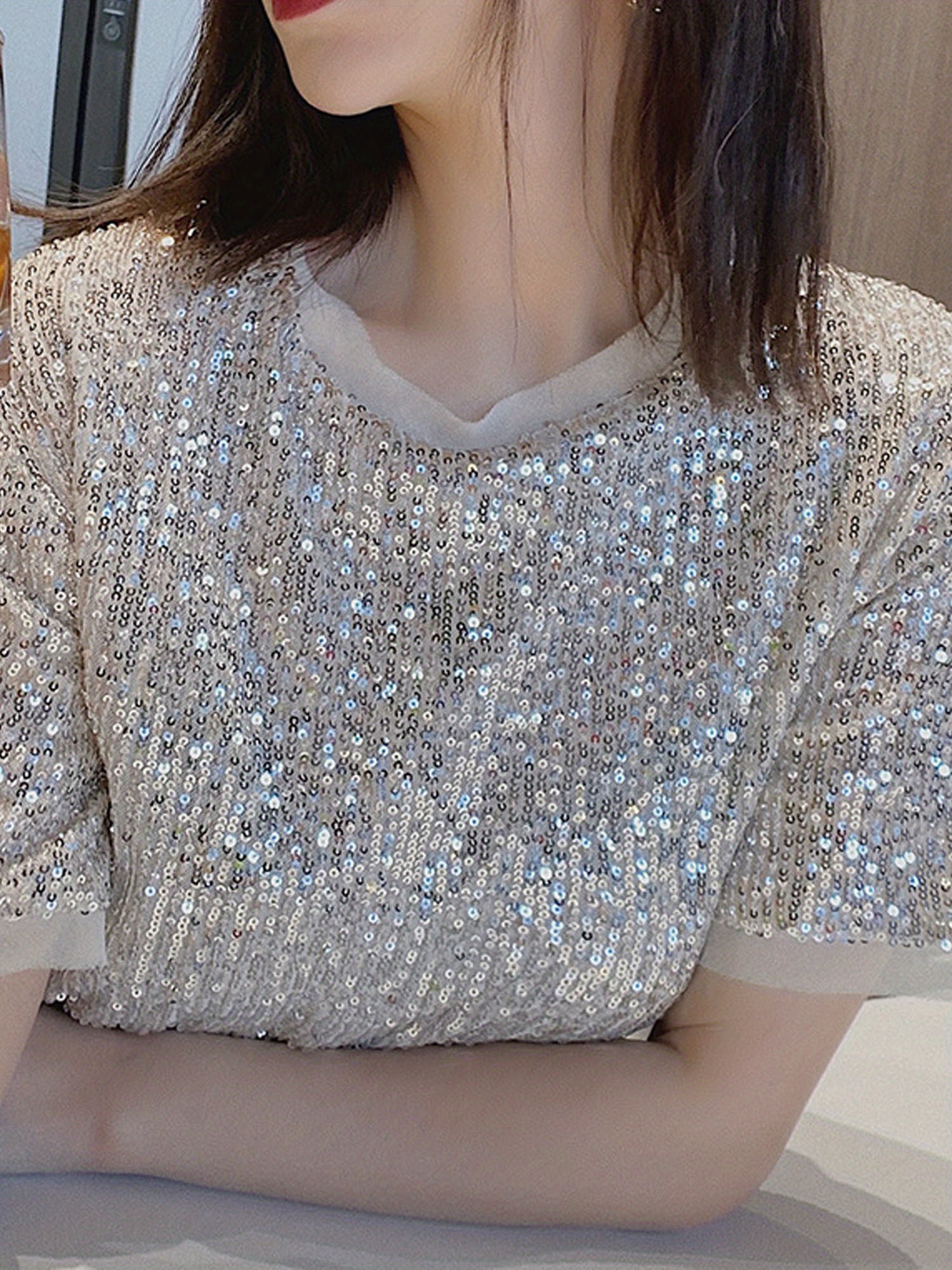 women sequin top, 3/4 sleeve sequin shirt glitter party disco
