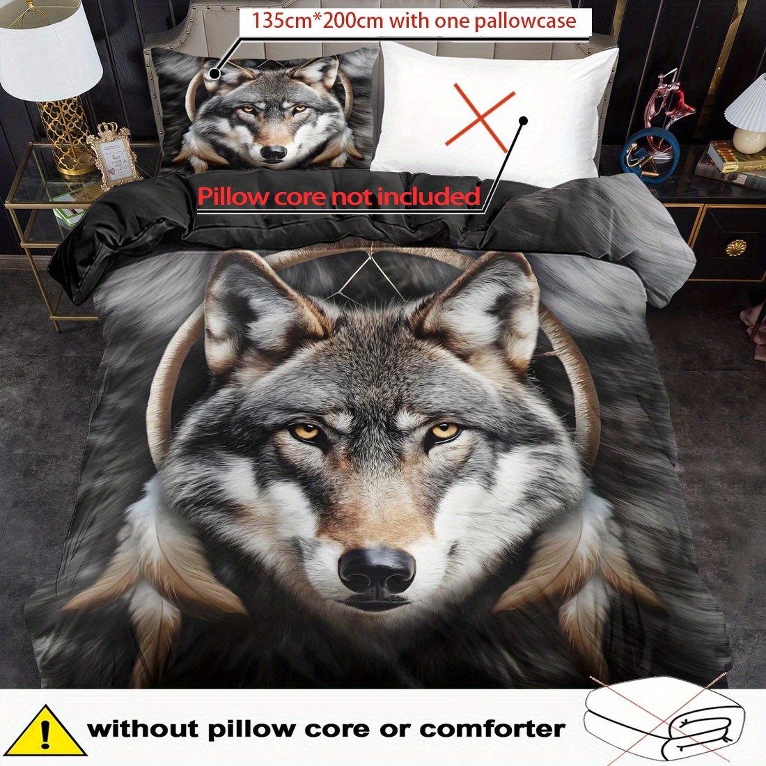 E-shop 2/3-teiliges Bettbezug-Set, Tierwolf-Druck Bettdeckenbezug-Set, King-Queen-Stil Bettwäsche-Set, Polyester maschinenwaschbar, Bettdeko,