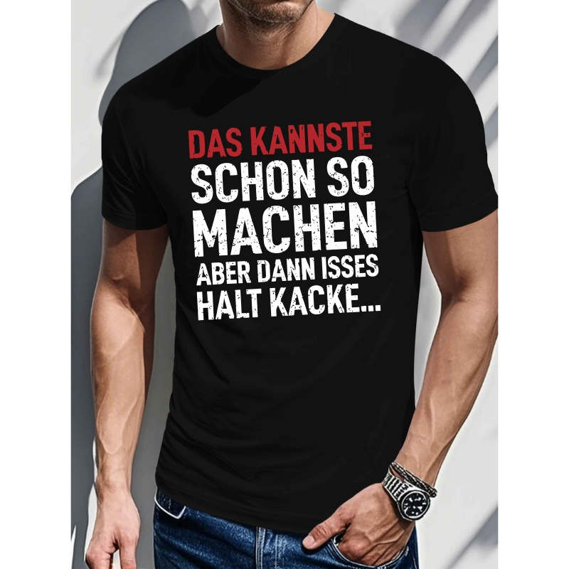 

Men's Casual Crew Neck T-shirt, German Humor Slogan, Summer Knit Polyester Top, Regular Fit, Stretch, Geometric Pattern, 150gsm - Black