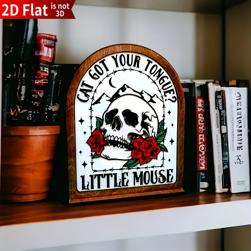 TEMU 2d Flat, 1pc 2d Flat Printed Wooden Printed 's Wooden Bookshelf Ornament - Vintage Gothic Style And With "did The Cat Steal Your Tongue?" Text -
