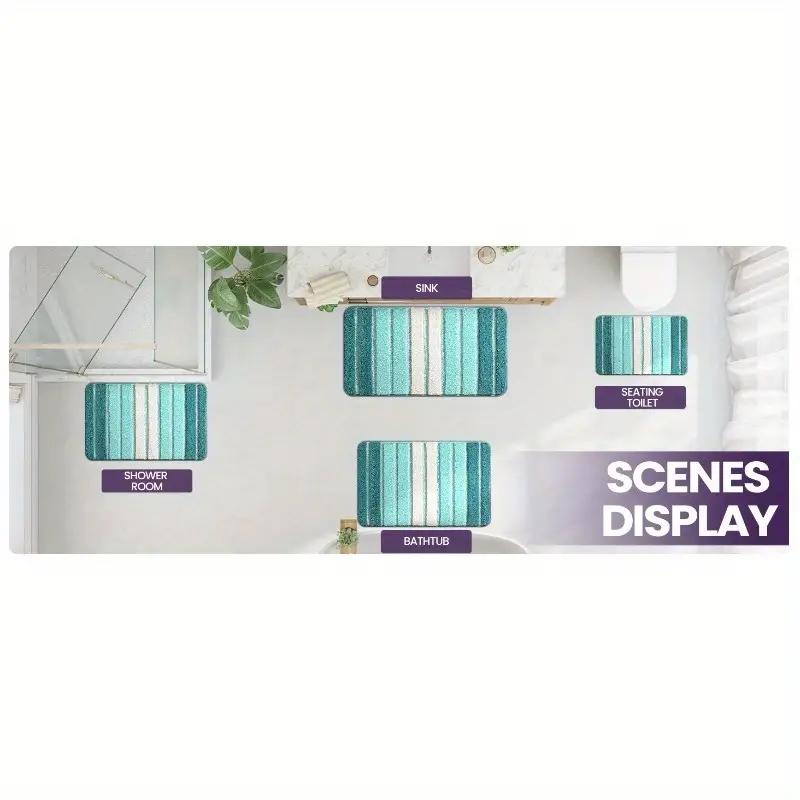 1pc non slip bathroom mat carpet extra long bath 20x32 inches quick dry absorbent shower mat with non slip backing soft bathroom floor carpet in blue for shower tub sink polyester bathroom decorative stripes durable tpr backing Product details 5