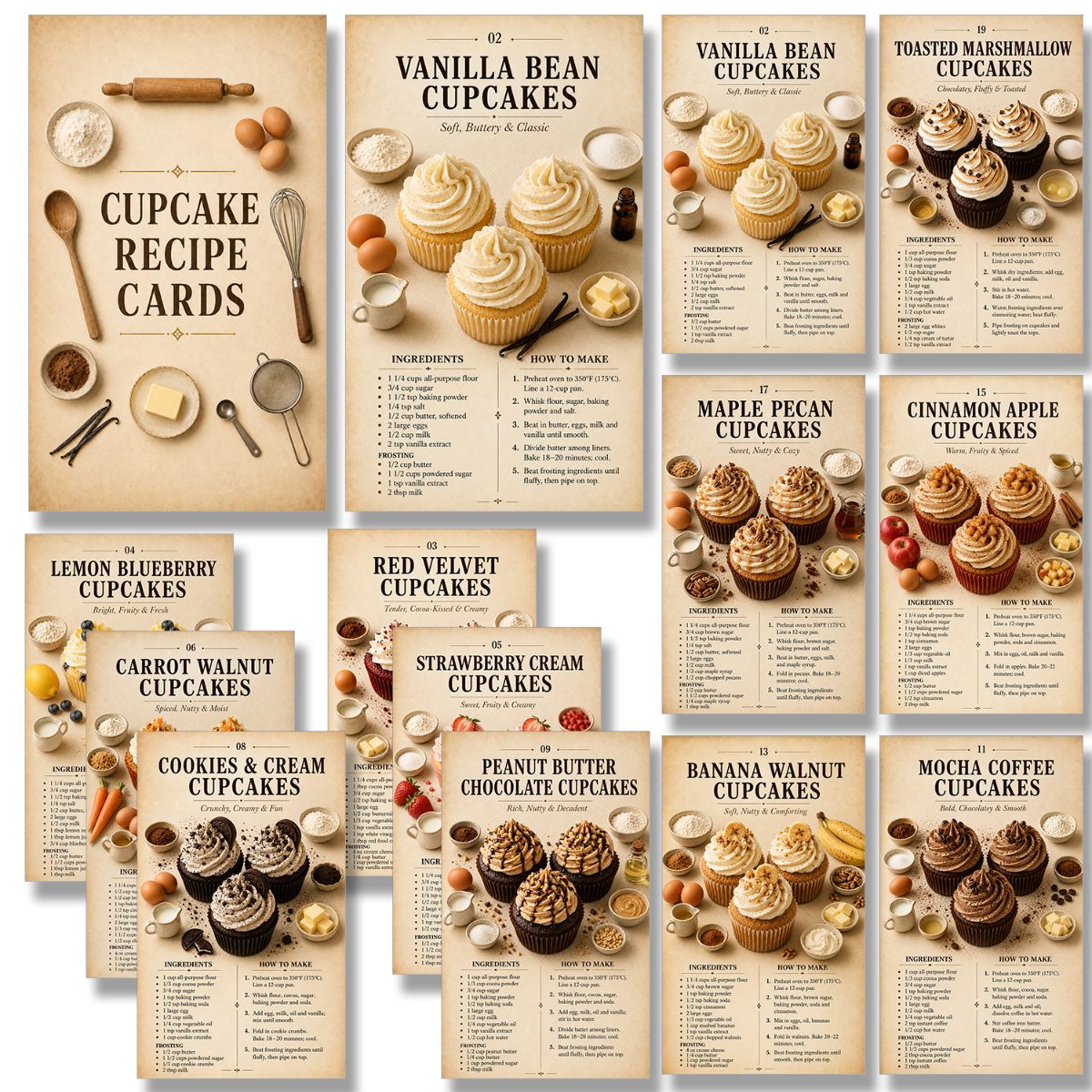 TEMU Vintage Cupcake Recipe Cards, 20pcs, Vintage Baking Recipe Guide Set With Ingredients & Instructions, 20 For Home Bakers, Beginners, Families,