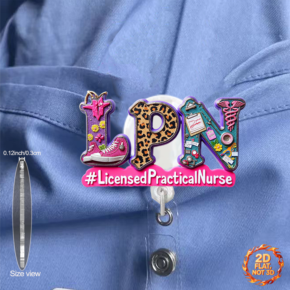 TEMU 2d 1pc 2d Flat Retractable Badge Reel Accessory, Cute Fun Acrylic Id Badge Holder With Clip Lpn Design, Suitable For Hospital Nurse Passes,