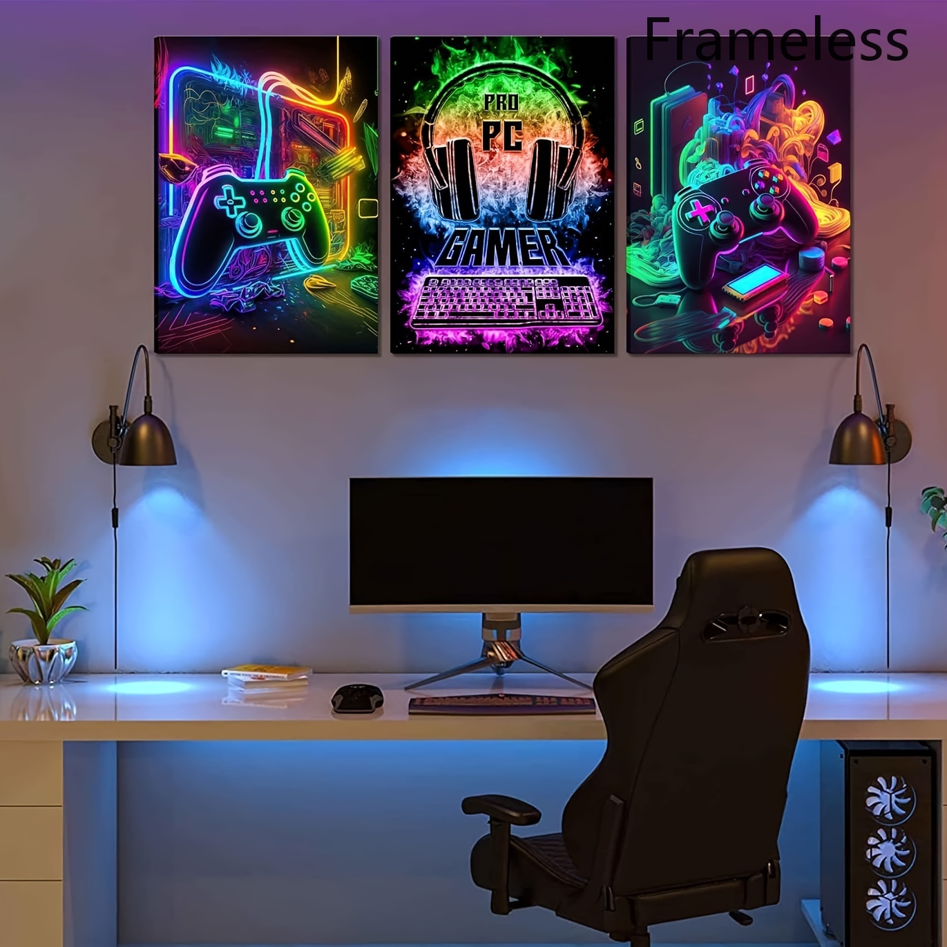 TEMU 2d Flat, 3pcs Frameless Modern Gaming Canvas Art Set - Neon Game Controller Watercolor Posters, Wall Decor For Bedroom And Game Room, Perfect