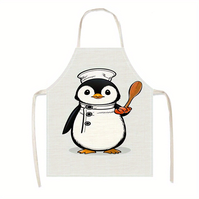 TEMU Cute Penguin Kitchen Apron - Linen, Insulated Cooking Apron With Whisk Design, Baking & Cooking, Ideal Gift For , Baking Apron| Kitchenwear| Fabric