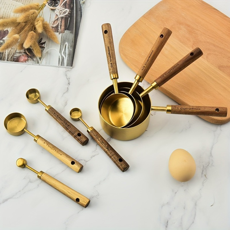 

Golden Stainless Steel Measuring Cups & Spoons Set With Aromatic Wooden Handles - Cooking, Kitchen Baking Tools, Includes And Coffee Scoop, Nesting Design