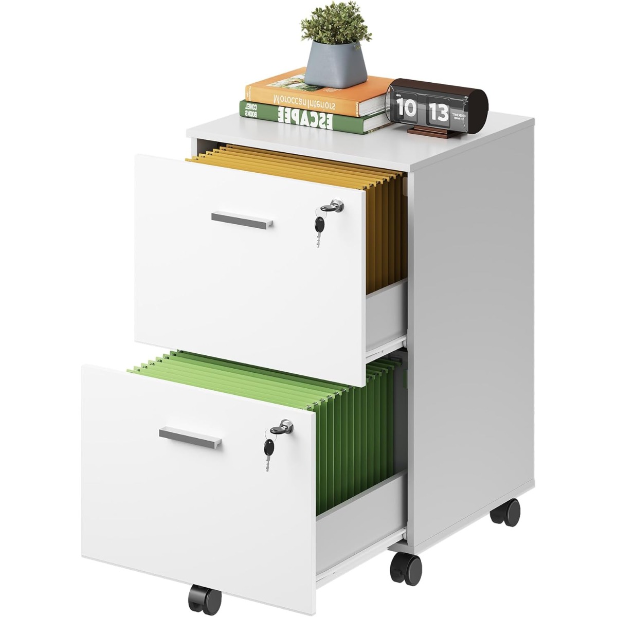 2-Drawer File Cabinet with Lock, Mobile Printer Stand, Wood Filing Cabinet, Office Filing Cabinet Organizer, for A4 And Letter Size Documents, White/Rustic Brown/Black