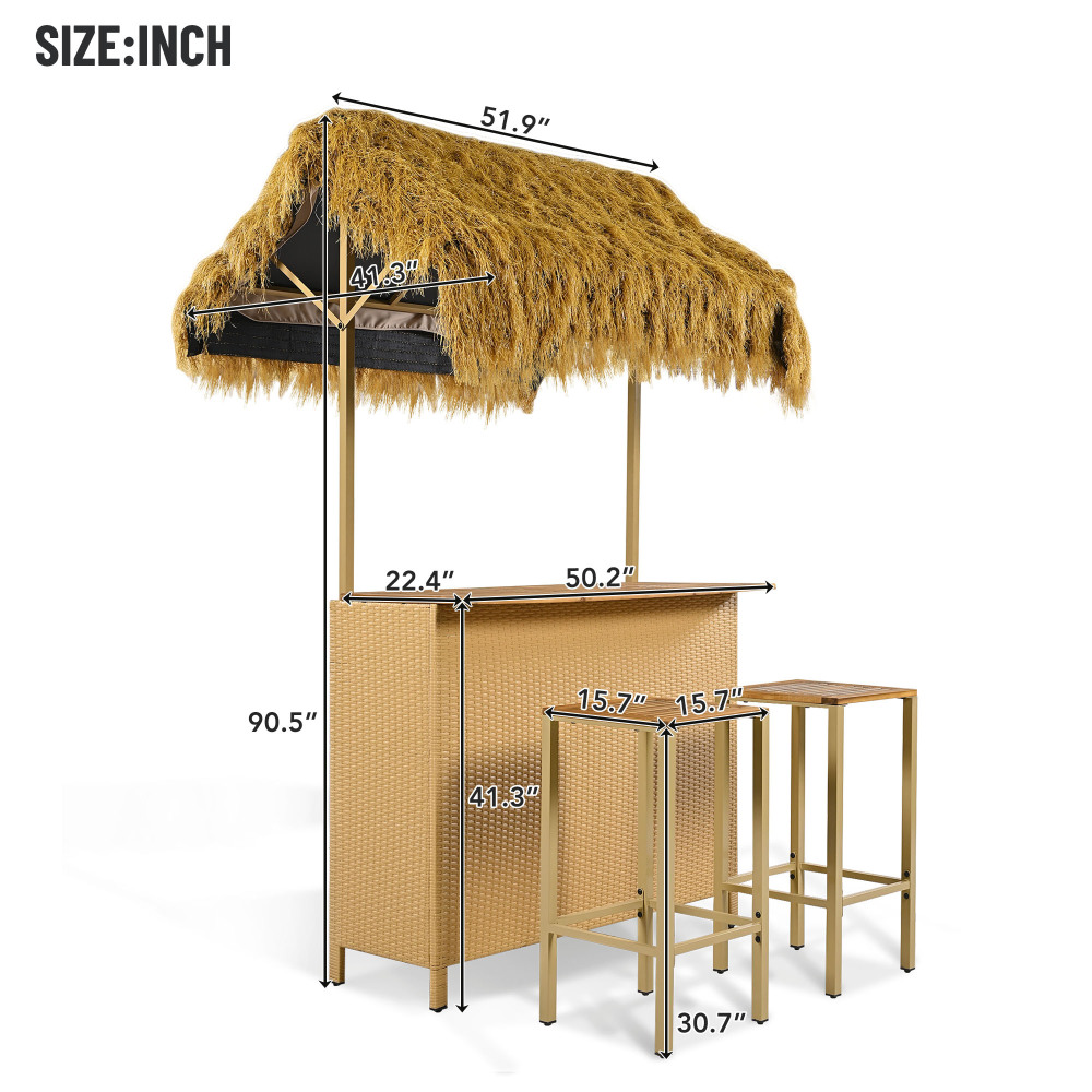 Outdoor Bar Set with Grass Canopy, 2-Seat Patio Bar Table And Stools, Bar Height Outdoor Dining Set, Adjustable Feet Design, Built-In Storage Space, Tiki Bar Furniture for Backyard Poolside Garden Deck Porch Balcony
