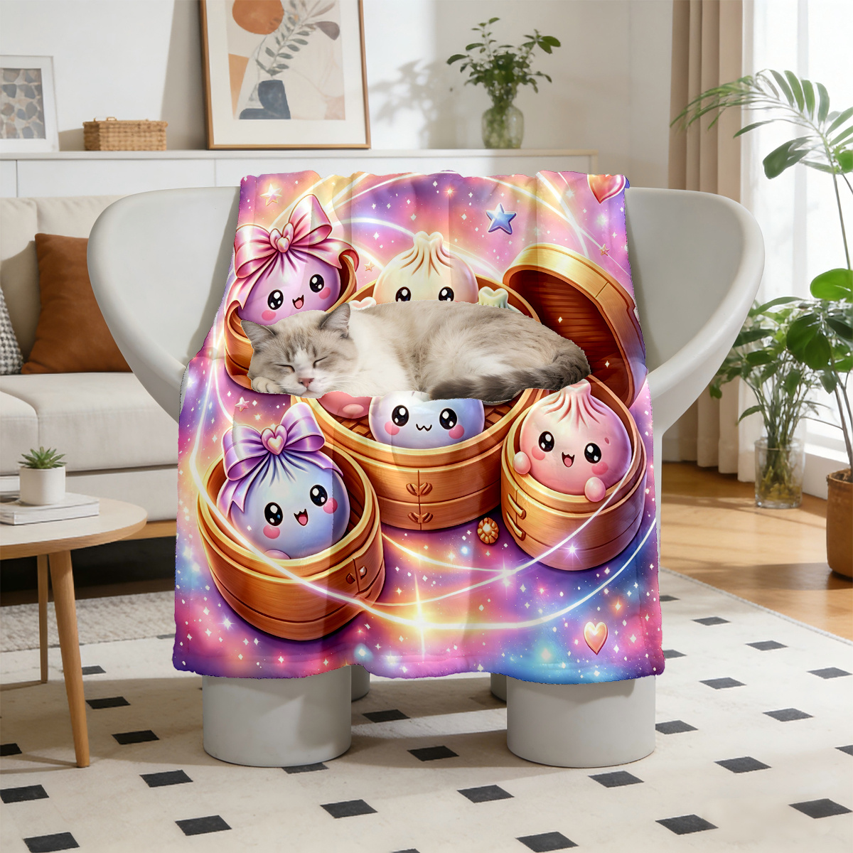 Image of Flannel Blanket Printed With Cute Dumplings In Bamboo Steamers Decorated With Bows Under Gradient Starry Sky, 2d Flat Printing, Soft Lightweight And Washable, Suitable All Year Round, 2d Flat