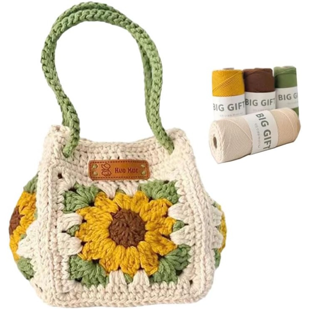 TEMU 1 Set Of Handmade Woven Bag Material Package, Non-finished Package - Yellow And Brown Sunflower Bag, Spacious Nylon Handbag, Suitable For Daily