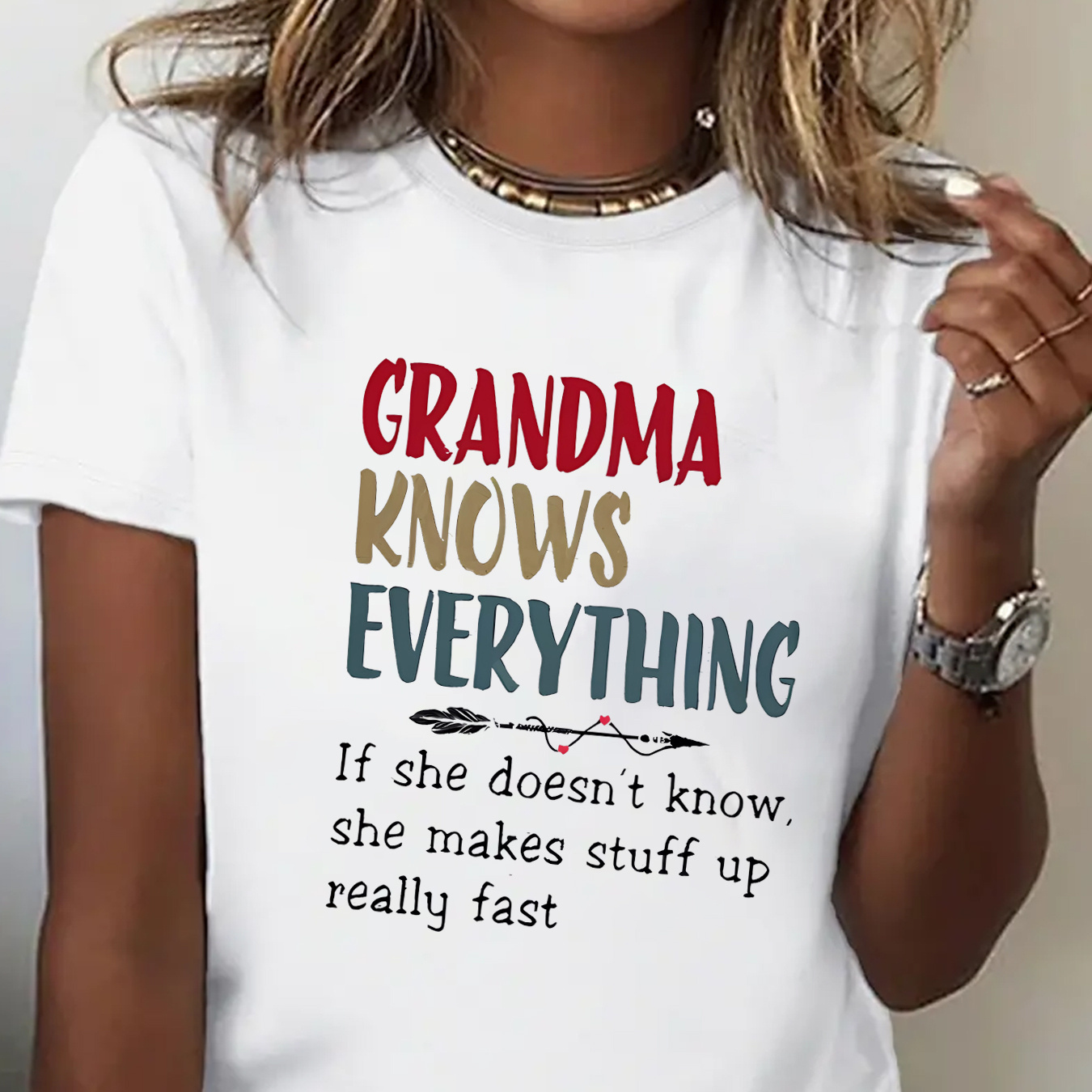 

Grandma Knows Graphic T-shirt, Women's Polyester Spandex Crew Neck Tee, Casual With Geometric Pattern And Medium Stretch Knit Fabric