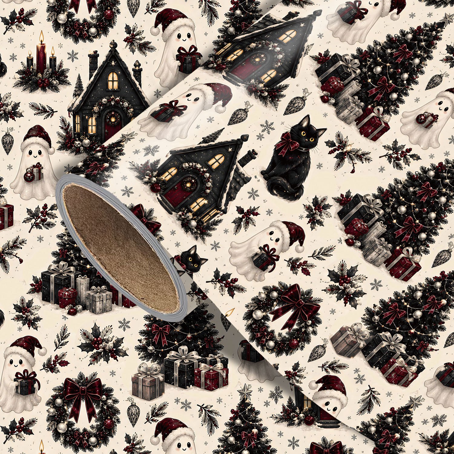 TEMU Roll Gothic Spooky Christmas Wrapping Paper With Black Cat & Suitable For Xmas Gifts, Party Decorations, Diy Crafts - Print Paper For Birthdays,