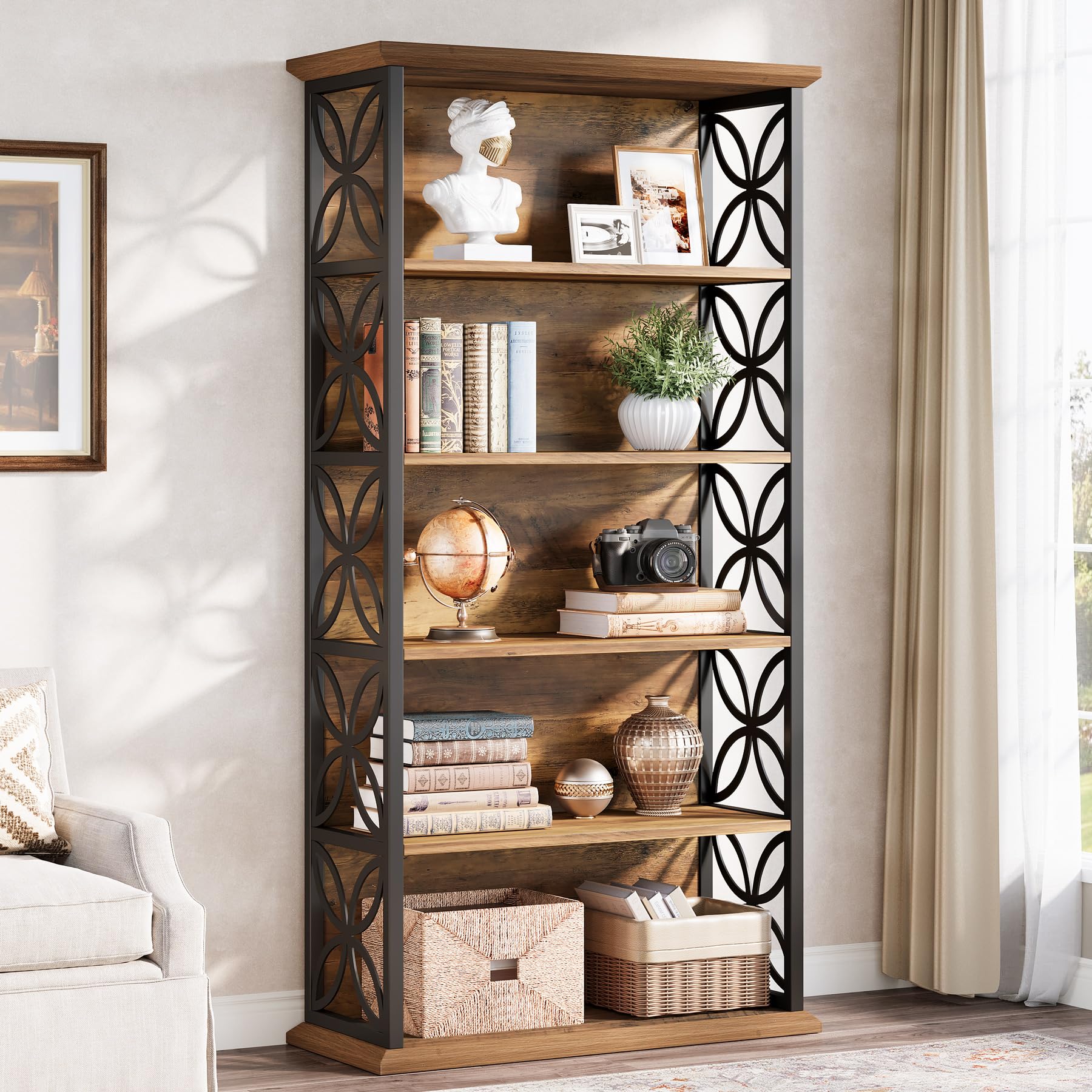 Image of 6-tier Tall Bookshelf, 71' Industrial Bookcase With Metal Frame, Freestanding Open Storage Shelves For Home Office, Living Room, Bedroom