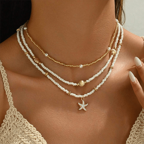 3pcs, collier choker tendance femme, vacances estivales plage, pendentif de mer , perles de riz, choker facile style girly, ensemble collier doré multicouche incrusté de perles artificielles, matériau perles de riz en verre