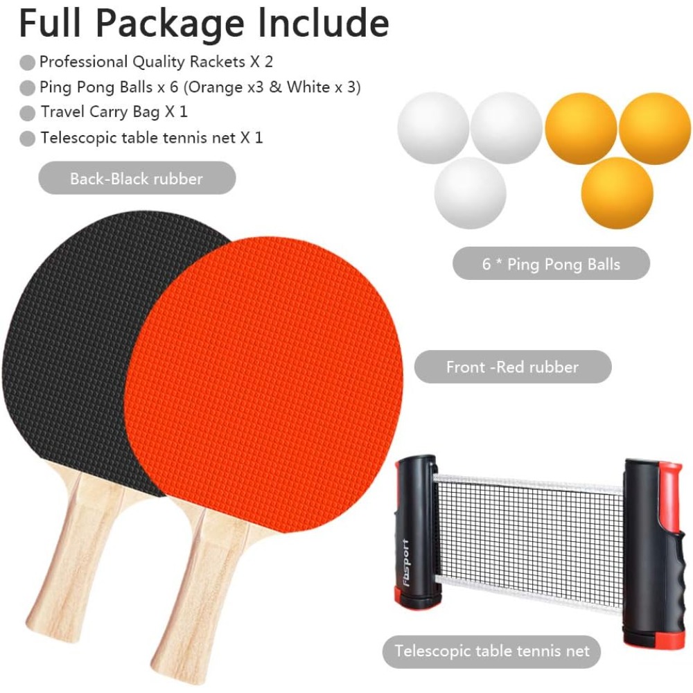 Portable Black Table Tennis Set | 165cm Extendable Mesh Frame With Racket For 6 Balls (3 Yellow And 3 White), With Storage Bag, Suitable For