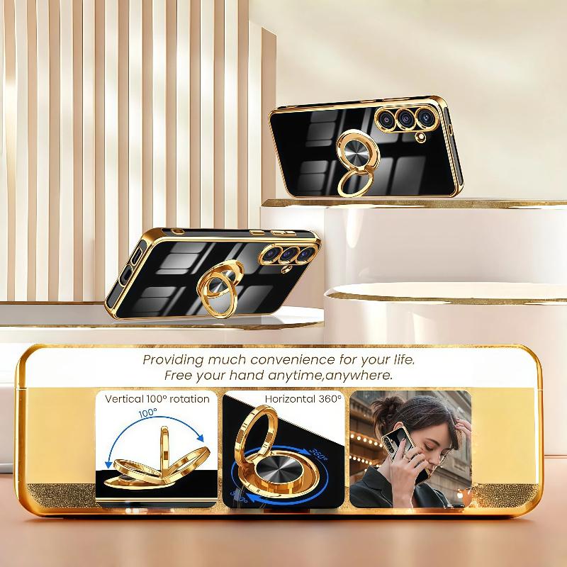 Husă de telefon: Husă cu suport cu margine placată cu aur și suport rotativ 360° popular, o alegere populară. Potrivită pentru for  S26, S26 Plus, S26 Ultra, S25, S25 Ultra, S25 Plus, S25 FE, S24, S24 Ultra, S24 FE, A16, A17, A26, A36, A56, A37, A57. Acest suport poate fi folosit ca suport de mașină