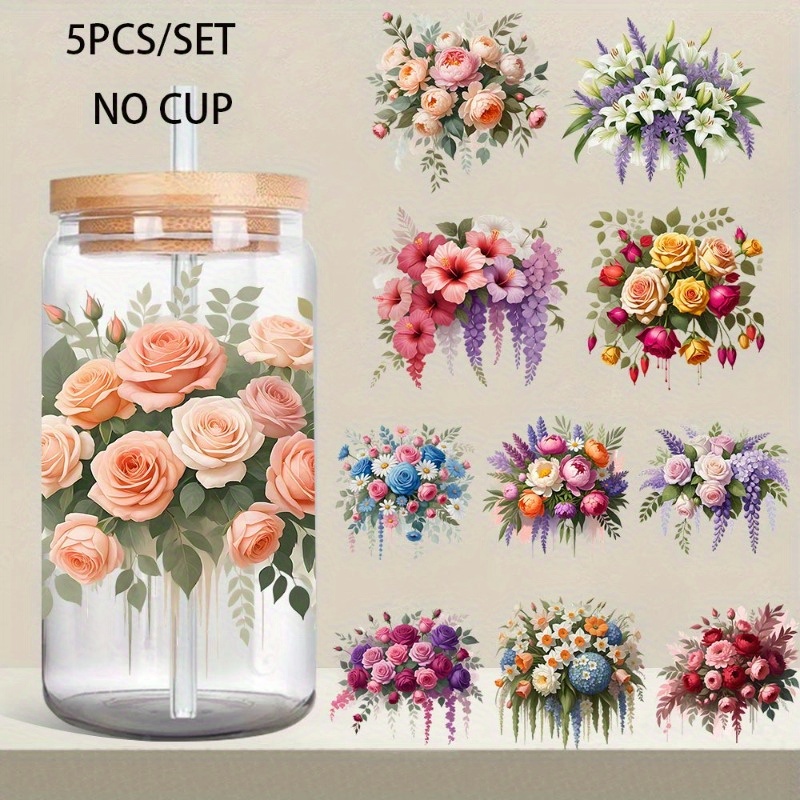 TEMU Self-adhesive Uv Dtf Transfer Paper, 5 Sheets, Suitable For Decorating Cups And Bottles, Includes Wreath Pattern Vinyl Heat Transfer Film,