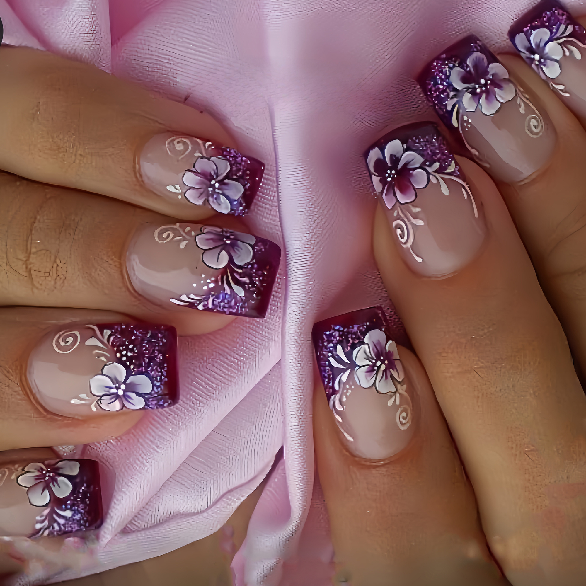 TEMU Enhance Your Beauty 24pcs Square Classic Elegant Purple-pink Gradient Floral Striped Glossy Loose Powder False Nails, Fashionable And Versatile