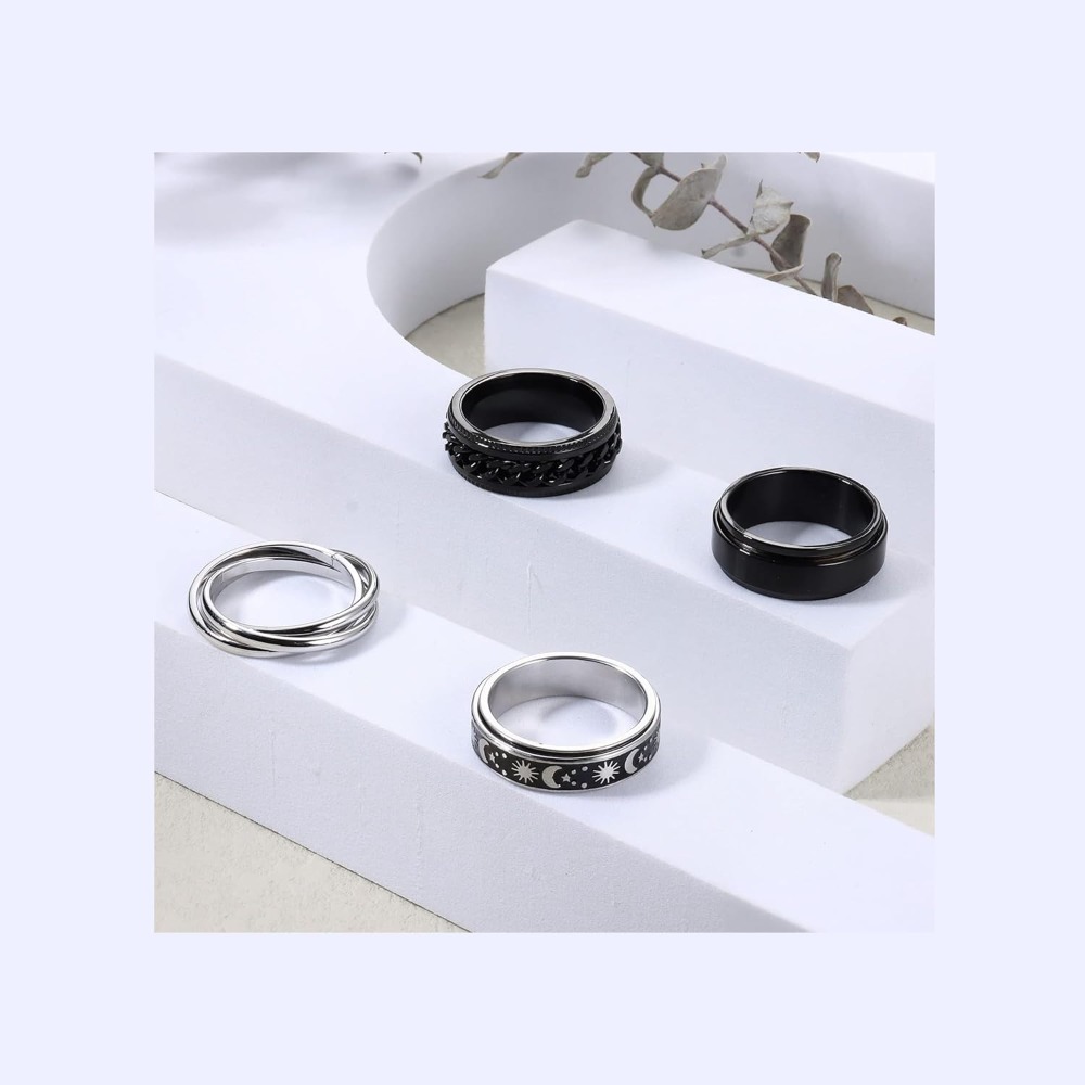 Image of 4pcs Stainless Steel Fidget Anxiety Ring Fidget Spinner Rings Moon Star Celtic Stress Spinning Ring Wedding Band Rings Set, For Teenager