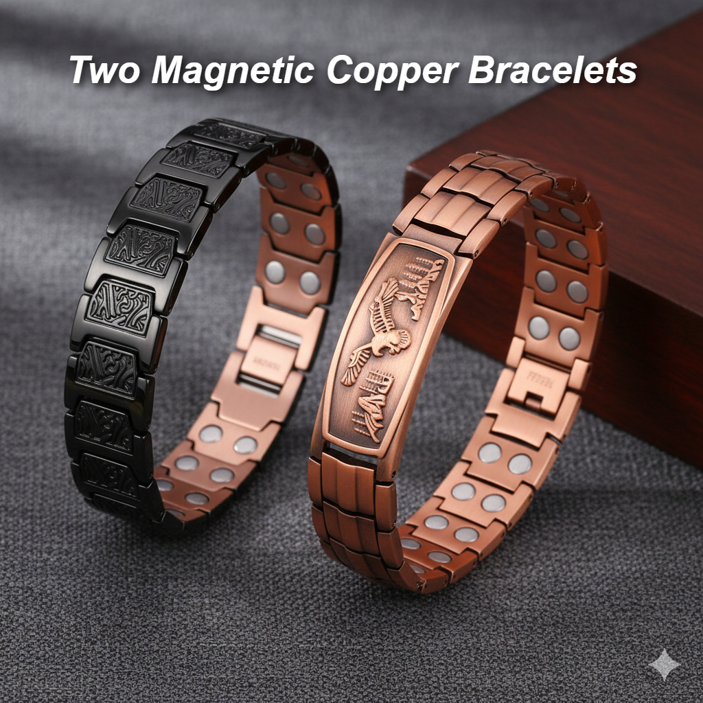 E-shop Zwei magnetische Herrenarmbänder mit einem zeitlosen Design, farbkoordinierten und Adlern. Hergestellt aus robustem Kupfer. Kupferarmbänder für