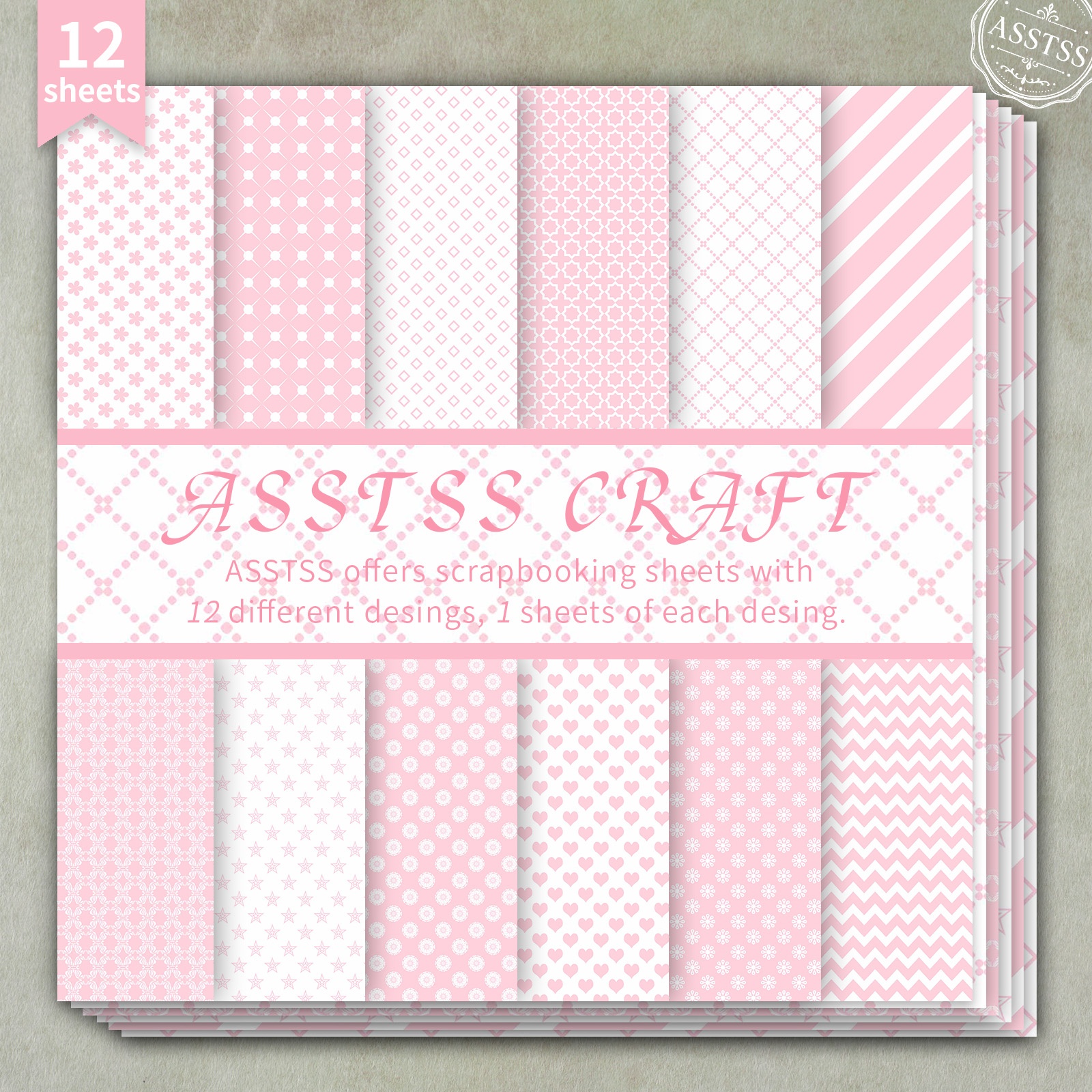 TEMU Bloc de papier de scrapbooking ASSTSS 12 feuilles rose pastel, convient pour le journaling, le collage et l'artisanat - Papier cartonné épais