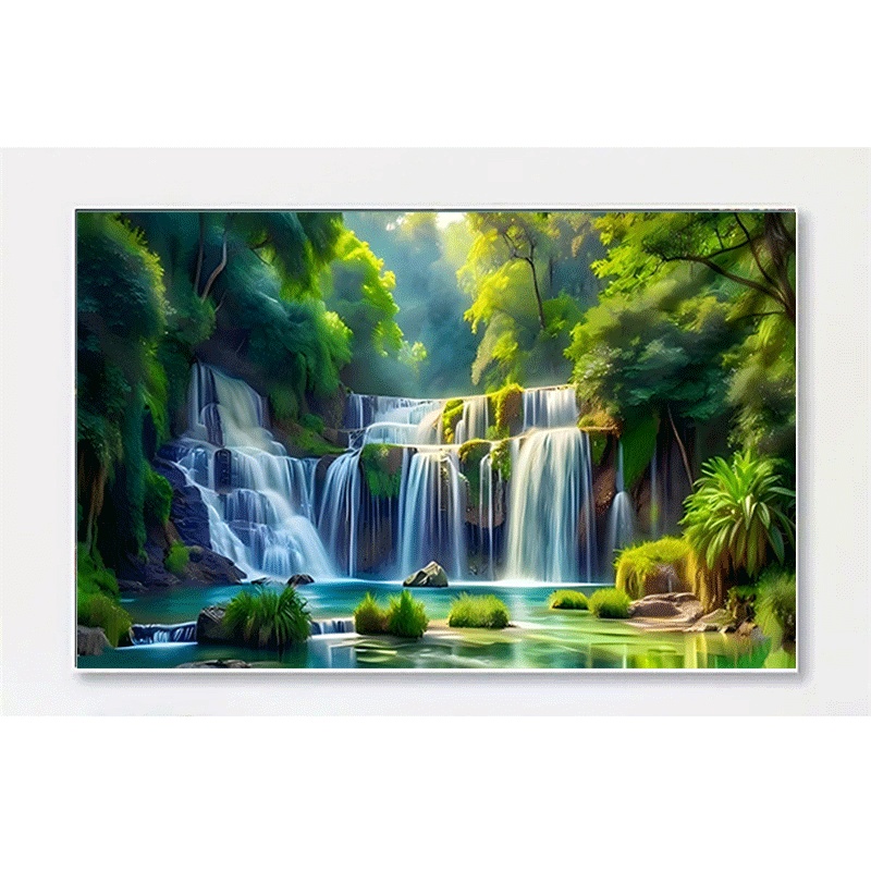 TEMU 1pc, 2d Forest Waterfall Diamond Painting, Rainforest With Vibrant Greenery, Cascading Waterfalls Flowing Into Clear Pools, Overflowing With
