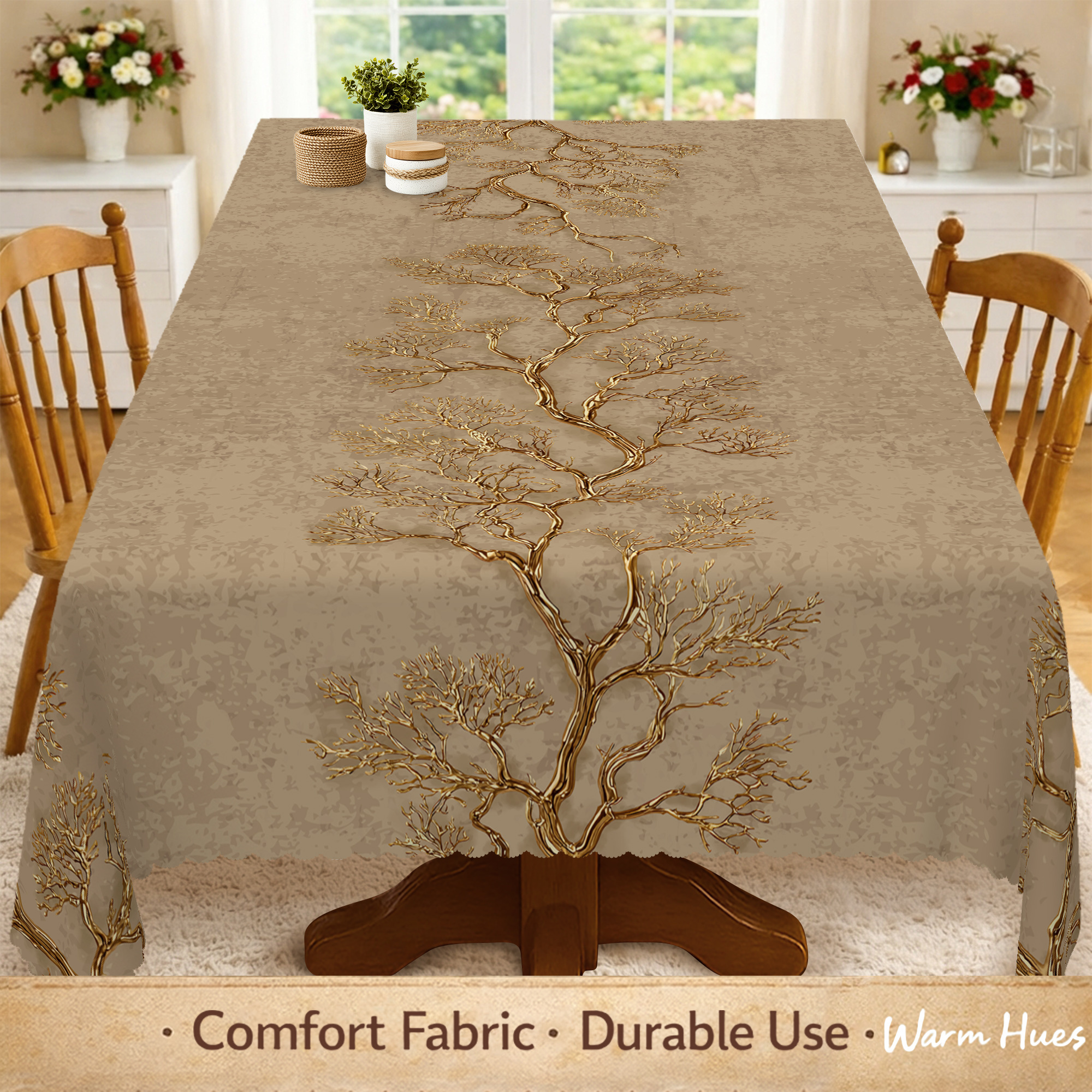 1pc, Vintage Golden-Brown Tree Tablecloth, Elegant Golden Branch Print with Intricate Twigs And Leaves, Artistic Nature Design on Textured Beige Background, Botanical Style Table Cover for Dining Room, Kitchen And Home Decor, 7 Sizes Available