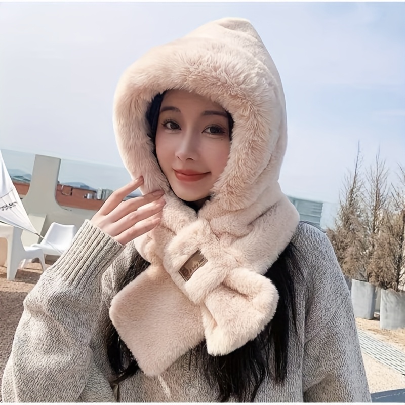Image of Women's Winter Warm Hat And Scarf In One, 2 Colors Optional, Thick Plush Cross Neck Hat, Windproof Cold Proof Neck Protection, Soft Friendly Fluffy Thick Thermal