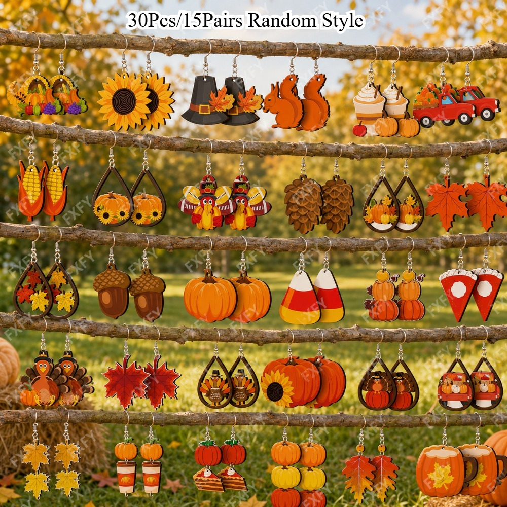 TEMU 30pcs/15 Pairs Random Style Thanksgiving Turkey Wooden Earrings Set For Women, Perfect For , New Year & Elegant Themed Events, All Season Cute