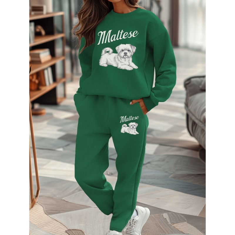 

Cozy Maltese Dog Print Women's Sweatshirt & Joggers Set - Polyester, Non-stretch, Machine Washable - Casual Fall/