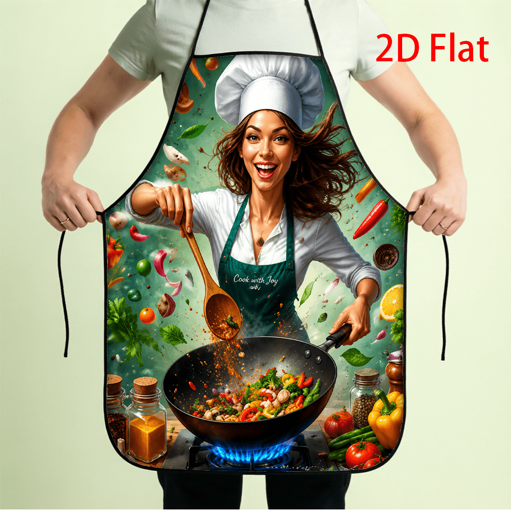 TEMU 1pc 2d Flat Printed Cook Female Chef Pattern Kitchen Apron, Colorful Flying Vegetables Graphic Bib Apron For Women Baking Grilling Bbq, 2d Flat