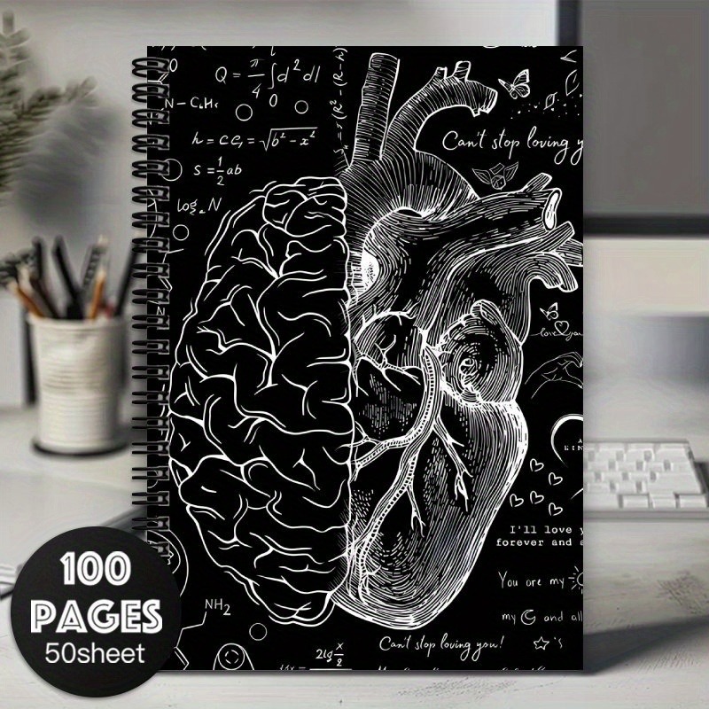 Image of A Spiral-bound Journal Featuring Designs Of Brain And Heart Anatomy, Including Diagrams Of And The Cardiovascular System, Perfect As A Gift For Students In Neuroscience, Psychology, Or Biology