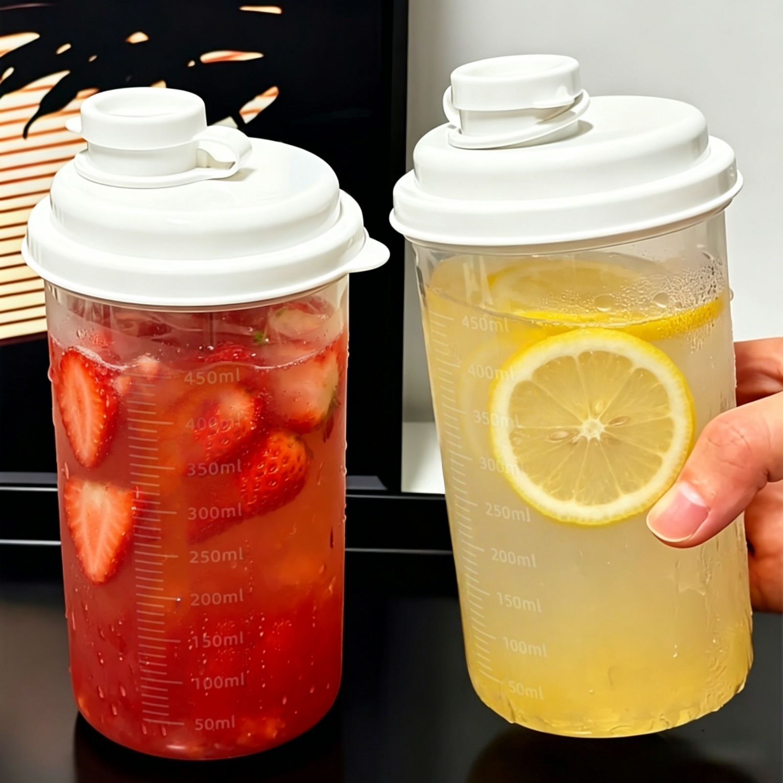 TEMU 2pcs Large Graduated Food Storage Cups With Lids, Transparent Reusable Plastic Containers For Milk, Oats, Coffee, Fruit & Snacks, Refrigerator &