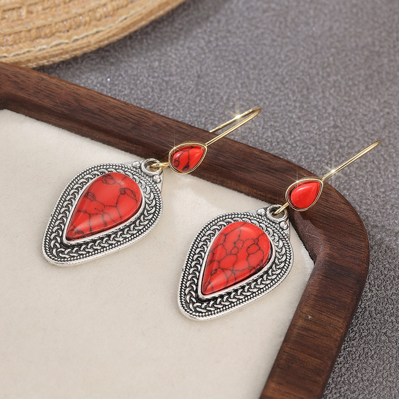 Women's Bohemian Red Synthetic Turquoise Droplet Pendant Earrings