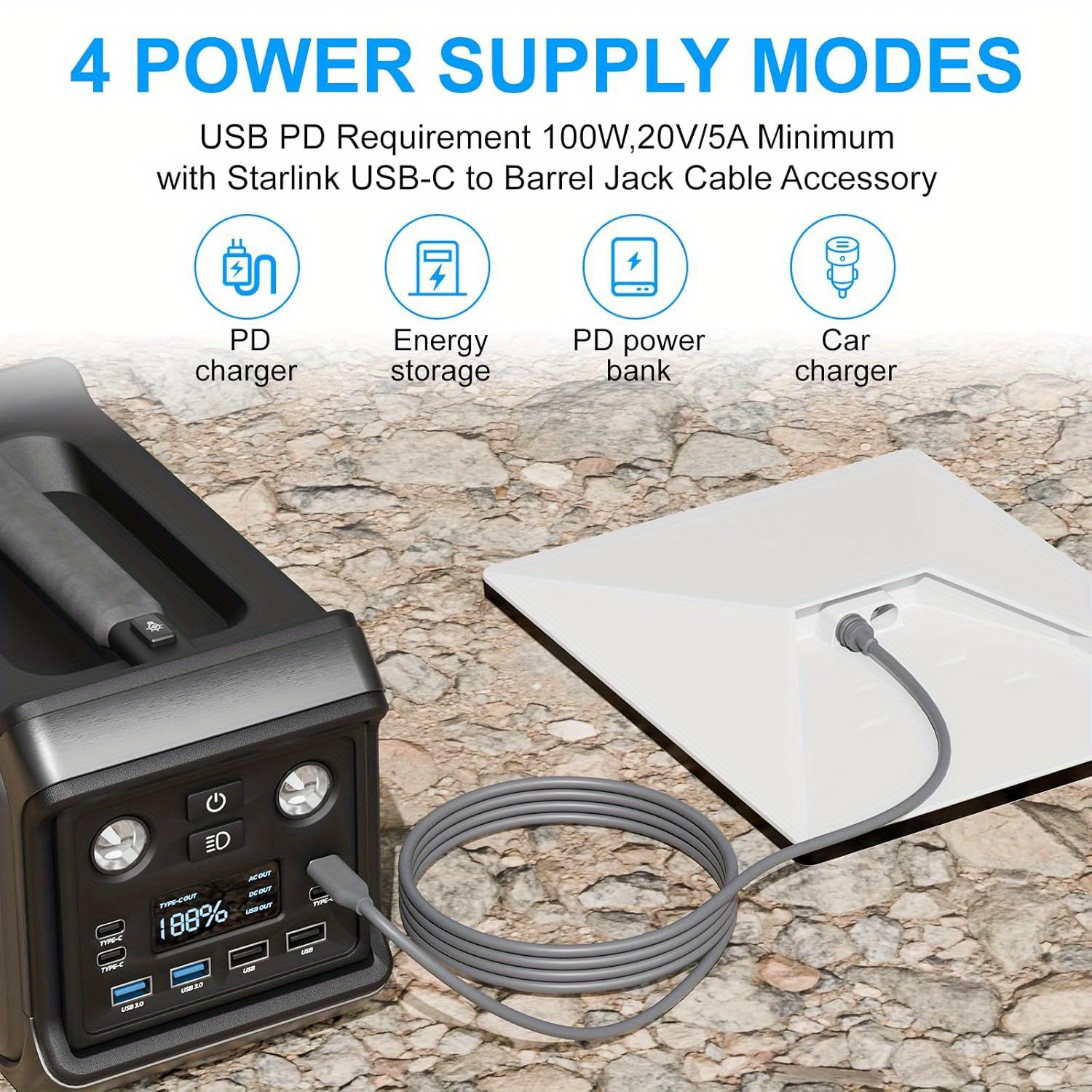 Câble d'alimentation portable USB Type-C vers DC avec extension optionnelle de 3 ou 5 mètres, compatible avec les power banks 100W et chargeurs PD, conçu pour Starlink Mini