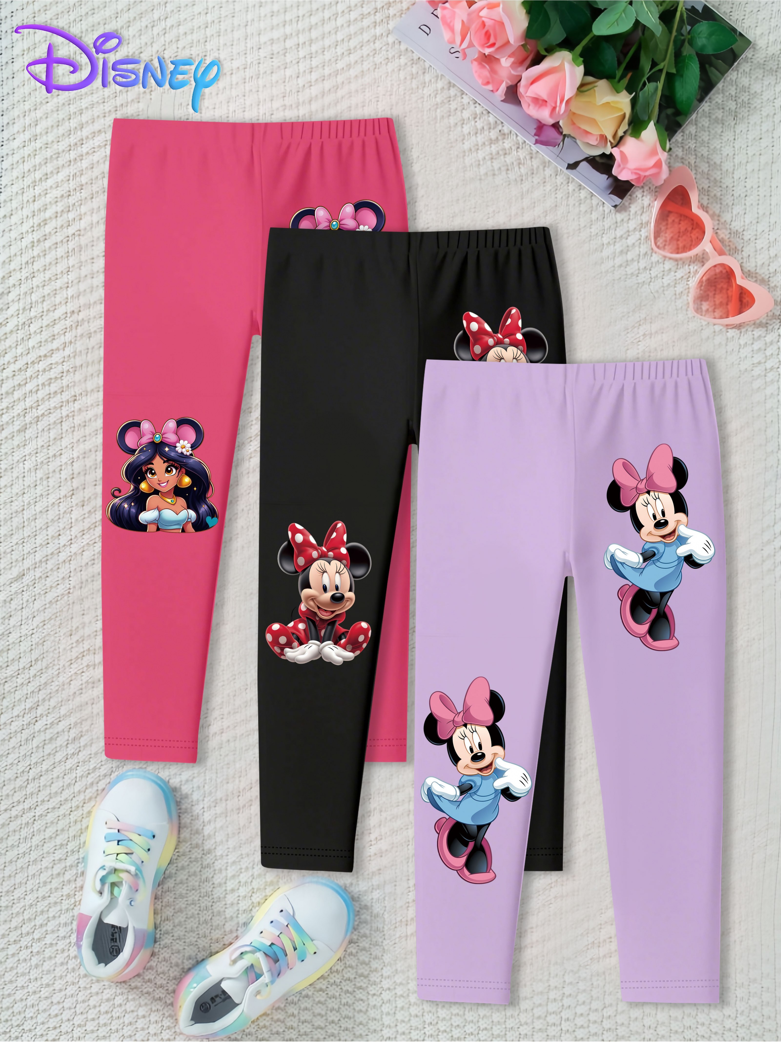 Disney 3pcs Set, Cute Minnie Mouse & Jasmine Princess Cartoon Character Print, Fashionable Casual Girls' Leggings for Spring/Autumn - Trendy Versatile Pants for Girls, for Outdoor