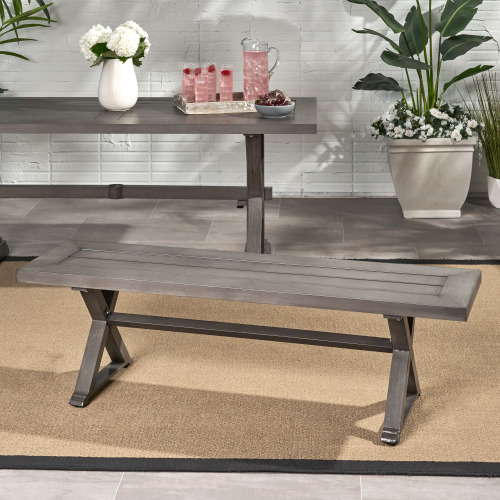 Modern Outdoor Aluminum Dining Bench with Dark Gray - Heavy-Duty All-Weather Patio Furniture, Sturdy Construction & Low-Maintenance Design for Garden, Balcony, Cafe - Durable Indoor/Outdoor Seating (No Wood Components)
