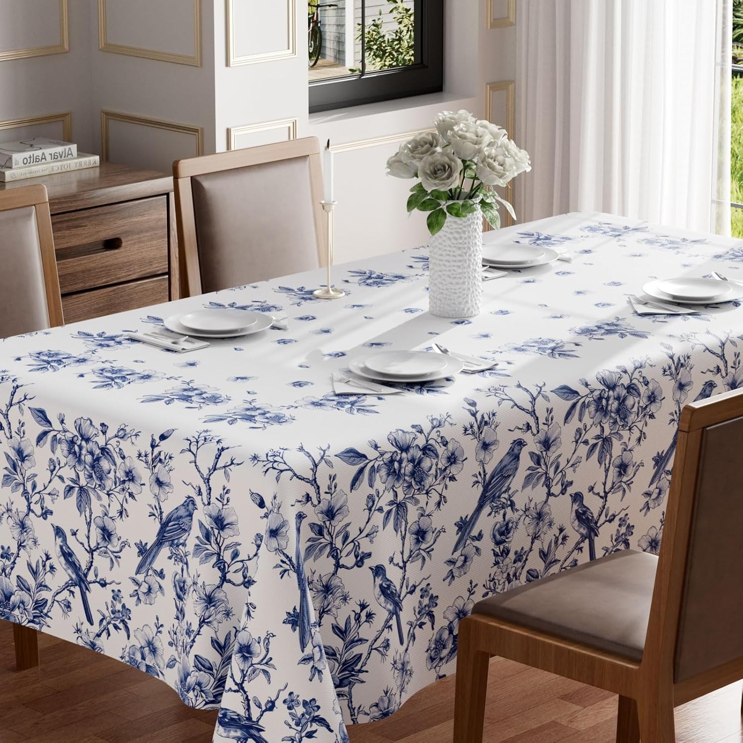 TEMU 1pc Blue And White Ceramic Style Birds And Flowers Spring Tablecloth Rectangular Washable Tablecloth Suitable For Summer Seasonal Indoor Outdoor