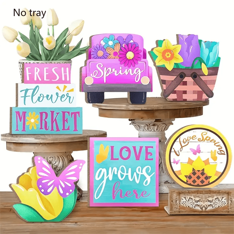 

1 Set Spring Themed Wooden Tiered Decorations - Rustic Farmhouse Style With , Basket, And Cart Designs For Home, Bar, Garage - No Electricity Or Battery Needed - Ideal For Easter And Birthday Gifts