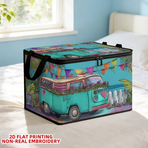 1pc vintage bus print fabric storage box with zippered lid large capacity and foldable suitable for storing clothes and for multiple home under bed storage